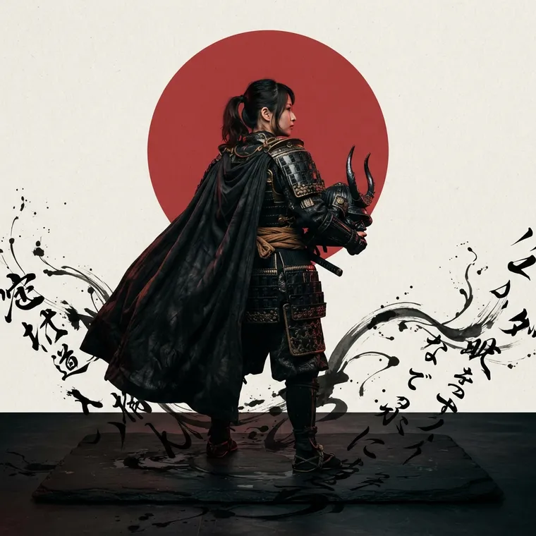 Cosplayeur en armure de samouraï devant un soleil rouge, entouré de calligraphie à l'encre