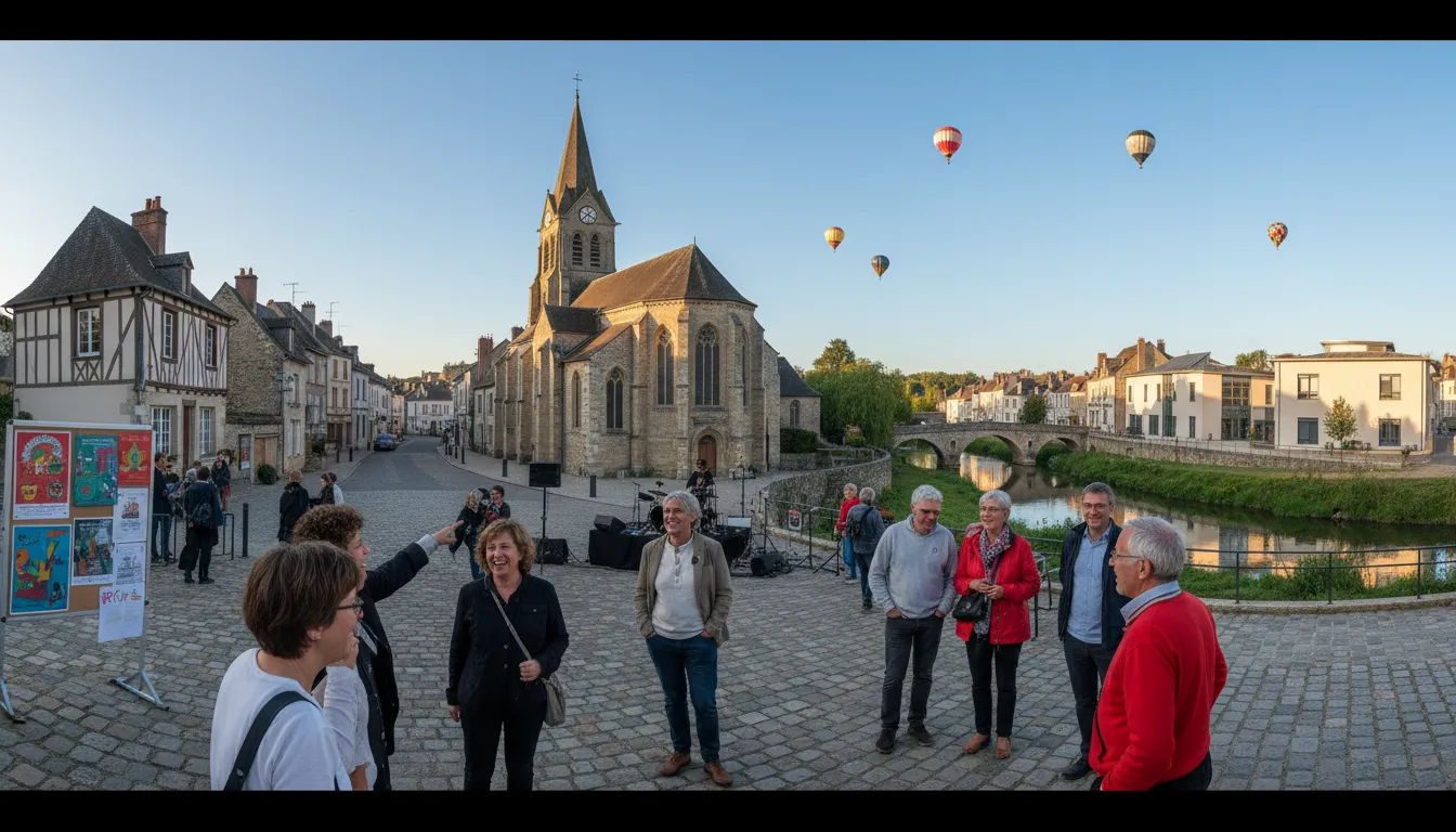 Habitants réunis sur la place de l'église de Descartes au bord de la Creuse, montgolfières dans le ciel