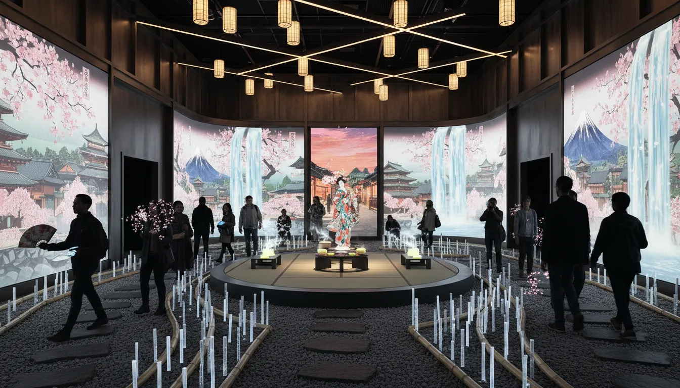 Visiteurs dans une salle d'exposition immersive plongée dans le noir, paysages japonais projetés sur les murs