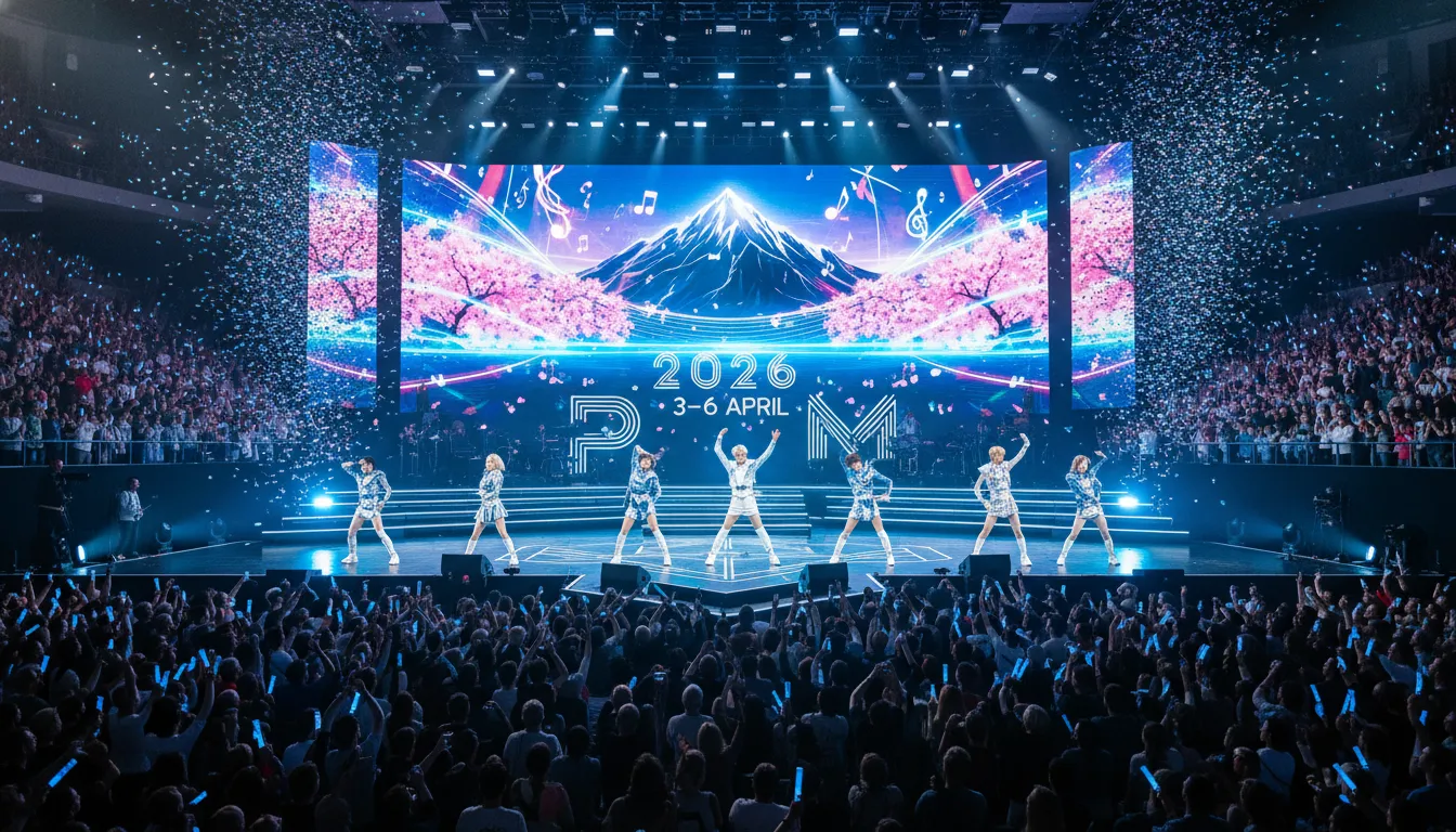 Danseurs de K-pop sur scène devant un écran rose géant, confettis retombant sur la foule de Polymanga