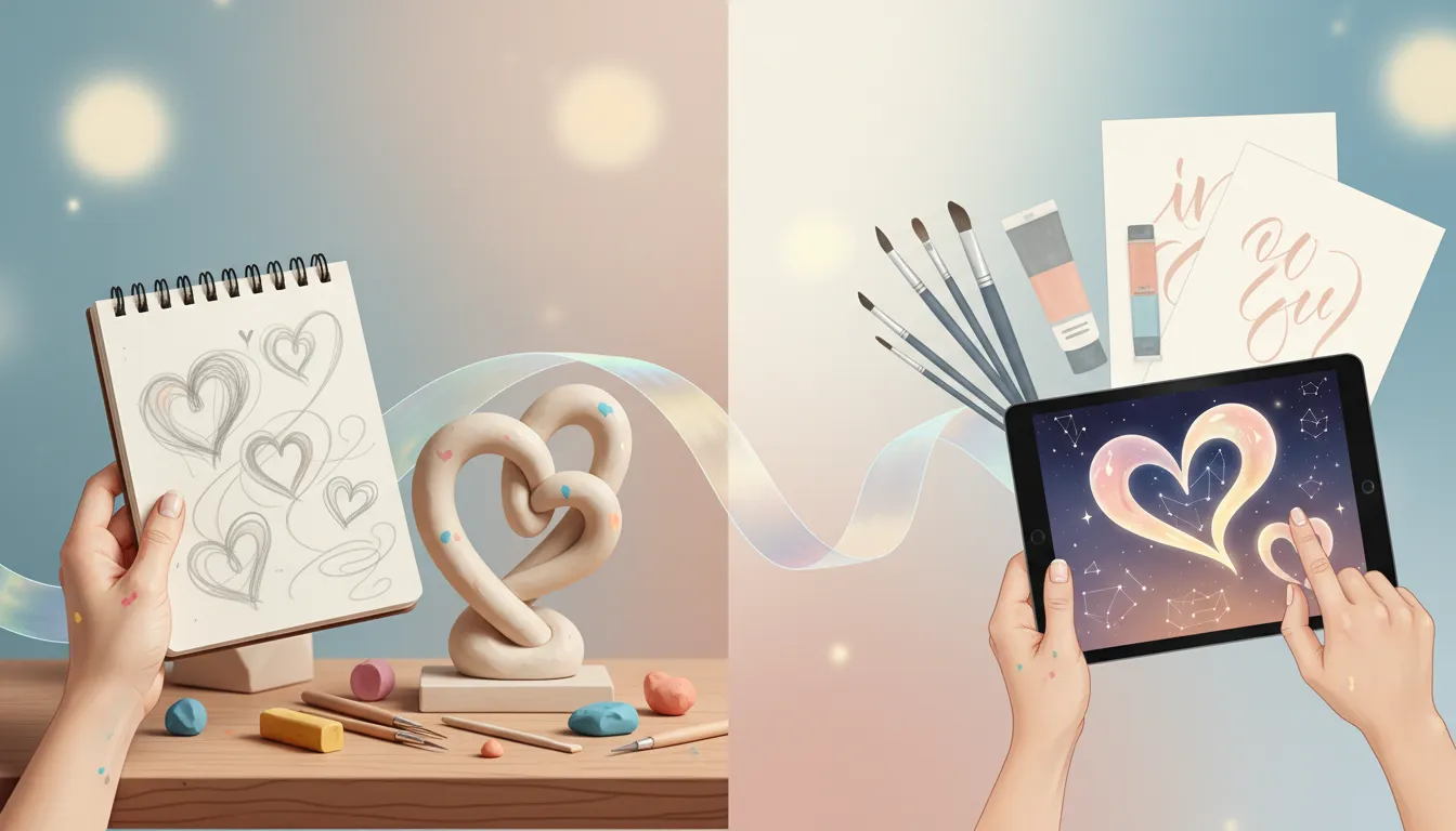 Deux mains dessinant des cœurs, l'une sur un carnet à croquis, l'autre sur une tablette graphique