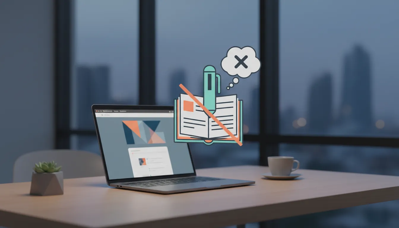 Ordinateur portable affichant une croix d'erreur à côté d'un carnet, sur un bureau au crépuscule