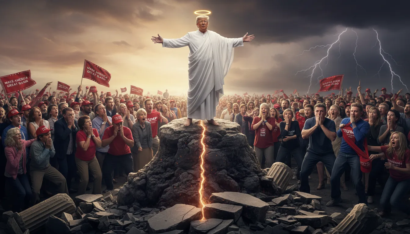 Figure en toge blanche auréolée dressée sur un rocher au milieu d'une foule brandissant des drapeaux rouges sous l'orage