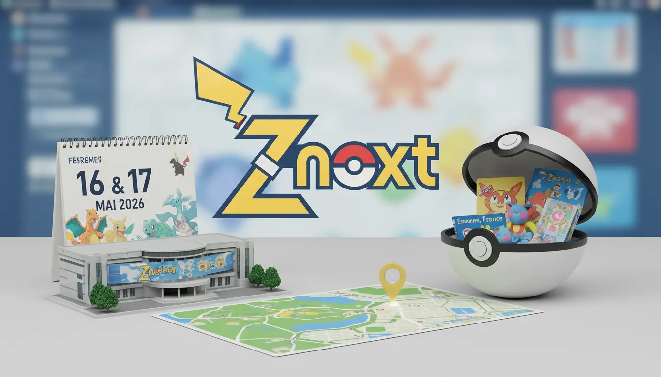 Visuel Znext des 16 et 17 mai 2026 avec pokéball, carte de l'Essonne et lettrage jaune façon Pokémon